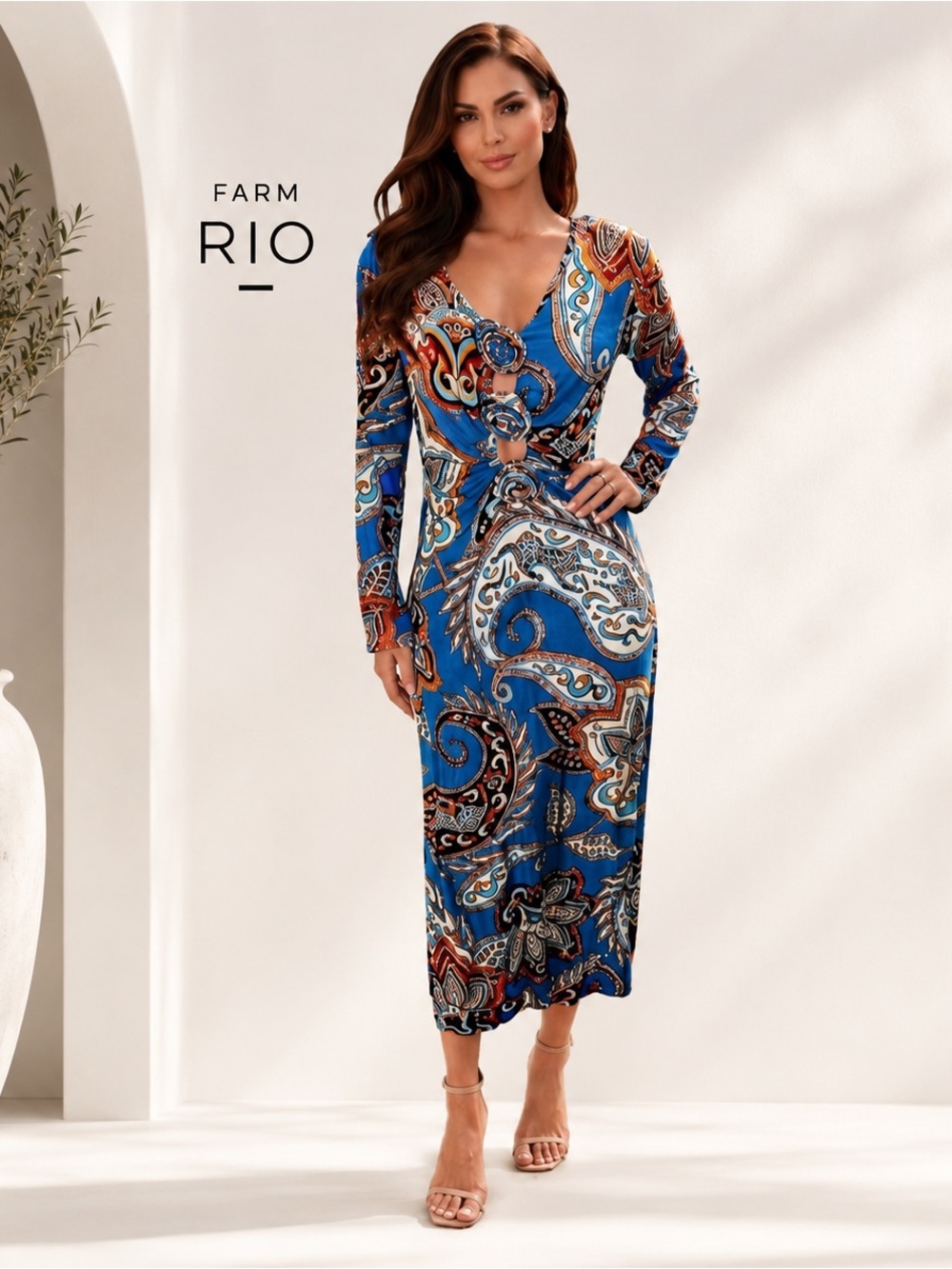 FARM RIO Blue Multi Paisley Long Sleeve Cutout Midi Dress